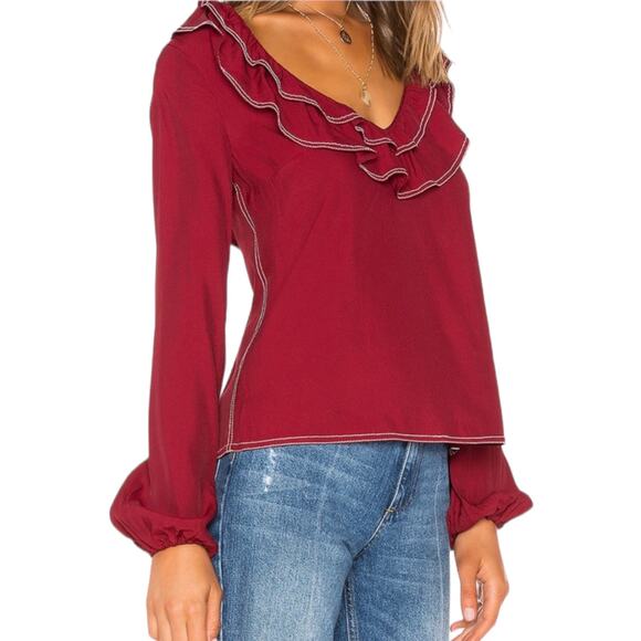 Tularosa Heather Blouse Ruffle Collar Tassel Tie Back Red Size L - Picture 2 of 10